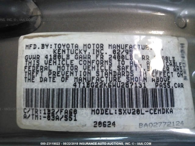 4T1BG22K6WU287131 - 1998 TOYOTA CAMRY CE/LE/XLE 棕色 照片 9