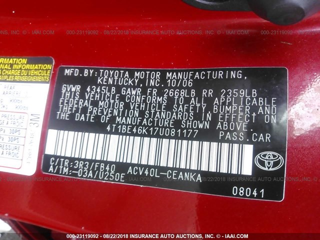 4T1BE46K17U081177 - 2007 TOYOTA CAMRY NEW GENERAT CE/LE/XLE/SE RED photo 9