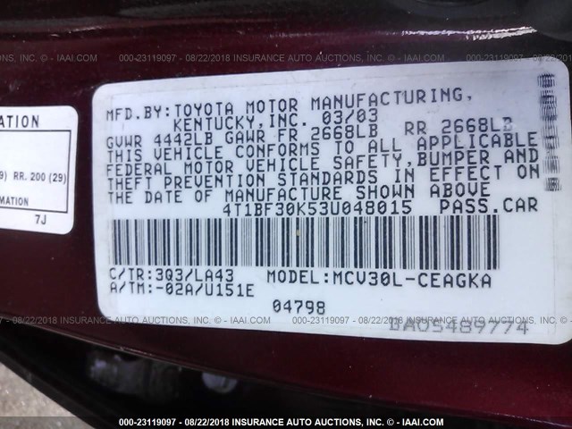 4T1BF30K53U048015 - 2003 TOYOTA CAMRY LE/XLE/SE Tünd qırmızı foto 9