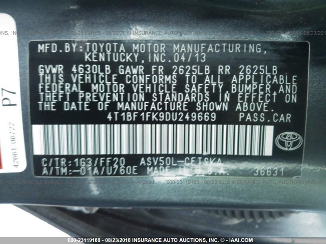 4T1BF1FK9DU249669 - 2013 TOYOTA CAMRY L/SE/LE/XLE Qara foto 9