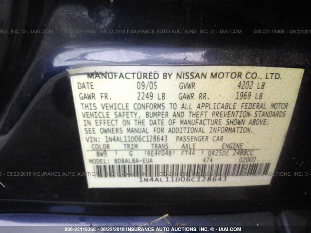 1N4AL11D06C128643 - 2006 NISSAN ALTIMA S/SL BLUE photo 9