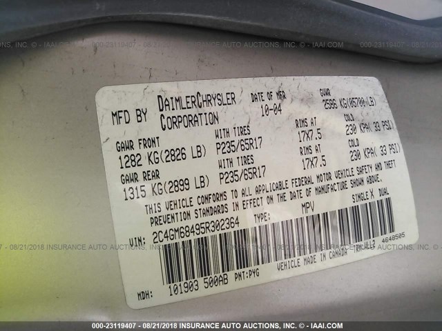 2C4GM68495R302364 - 2005 CHRYSLER PACIFICA TOURING GOLD photo 9