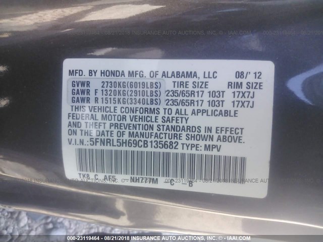 5FNRL5H69CB135682 - 2012 HONDA ODYSSEY EXL BLACK photo 9