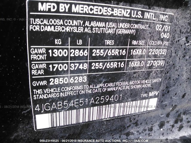 4JGAB54E51A259401 - 2001 MERCEDES-BENZ ML 320 BLACK photo 9