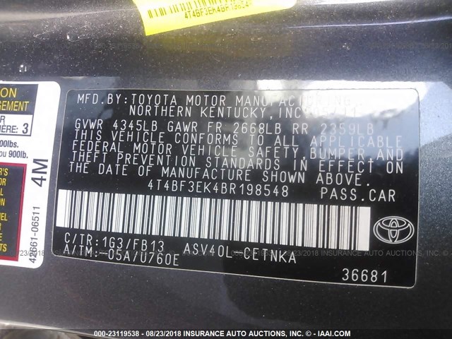 4T4BF3EK4BR198548 - 2011 TOYOTA CAMRY SE/LE/XLE ნაცრისფერი ფოტო 9