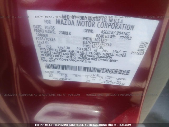 4F2YZ04156KM16215 - 2006 MAZDA TRIBUTE S RED photo 9