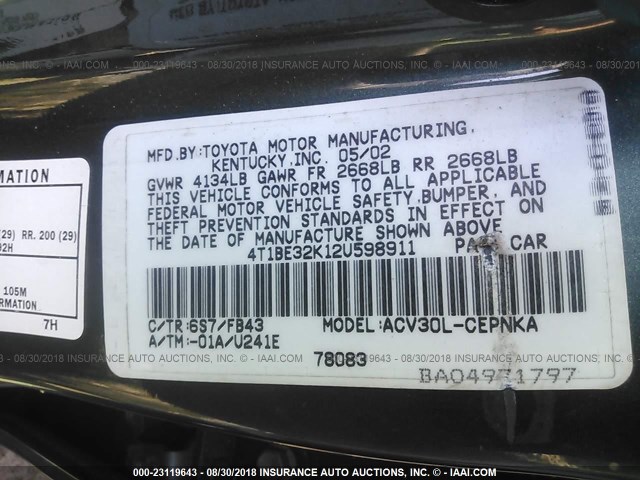 4T1BE32K12U598911 - 2002 TOYOTA CAMRY LE/XLE/SE 绿色 照片 9