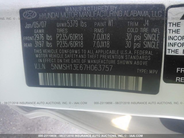 5NMSH13E67H063757 - 2007 HYUNDAI SANTA FE SE/LIMITED WHITE photo 9