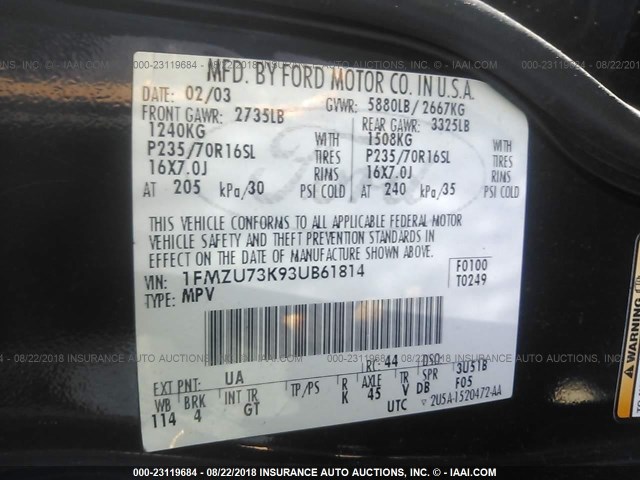 1FMZU73K93UB61814 - 2003 FORD EXPLORER XLT/XLT SPORT/NBX 黑色 照片 9