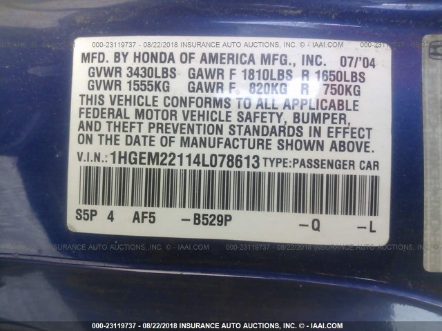 1HGEM22114L078613 - 2004 HONDA CIVIC DX VP BLUE photo 9