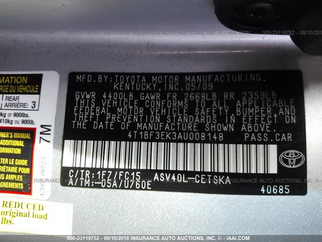 4T1BF3EK3AU008148 - 2010 TOYOTA CAMRY SE/LE/XLE ვერცხლისფერი ფოტო 9