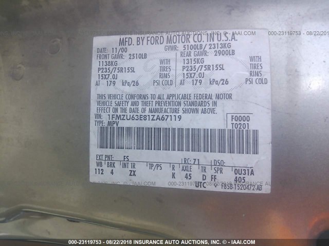 1FMZU63E81ZA67119 - 2001 FORD EXPLORER XLT GRAY photo 9