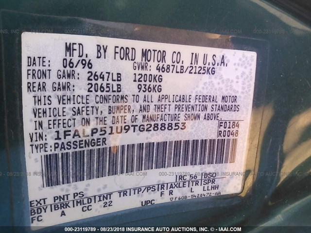 1FALP51U9TG288853 - 1996 FORD TAURUS G GREEN photo 9