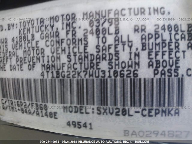 4T1BG22K7WU310626 - 1998 TOYOTA CAMRY CE/LE/XLE მწვანე ფოტო 9