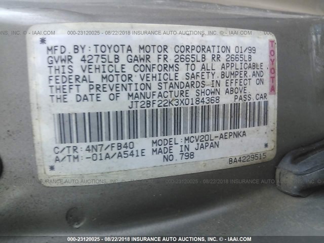 JT2BF22K3X0184368 - 1999 TOYOTA CAMRY LE/XLE TAN photo 9