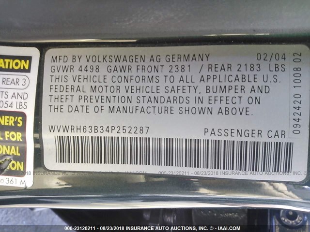 WVWRH63B34P252287 - 2004 VOLKSWAGEN PASSAT GLX GREEN photo 9
