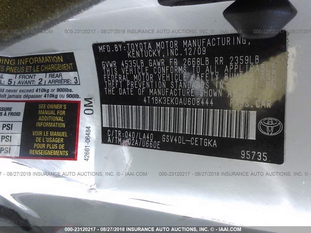 4T1BK3EK0AU608444 - 2010 TOYOTA CAMRY SE/LE/XLE 白色 照片 9