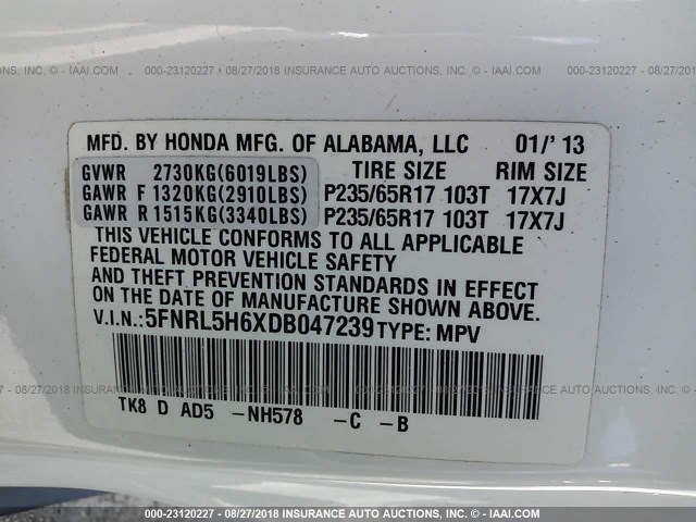 5FNRL5H6XDB047239 - 2013 HONDA ODYSSEY EXL WHITE photo 9