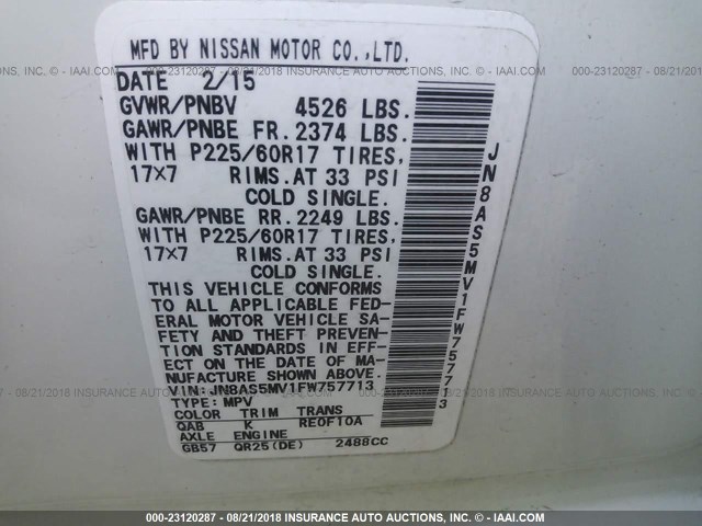 JN8AS5MV1FW757713 - 2015 NISSAN ROGUE SELECT S WHITE photo 9