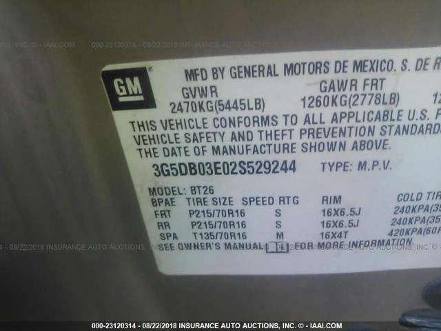 3G5DB03E02S529244 - 2002 BUICK RENDEZVOUS CX/CXL TAN photo 9