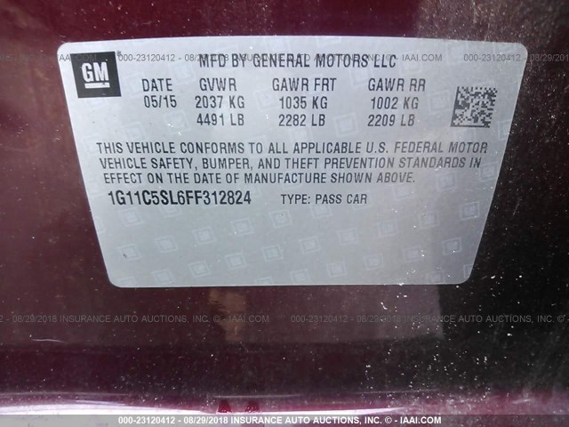 1G11C5SL6FF312824 - 2015 CHEVROLET MALIBU 1LT MAROON photo 9