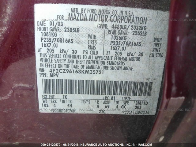 4F2CZ96163KM35721 - 2003 MAZDA TRIBUTE ES 红色 照片 9