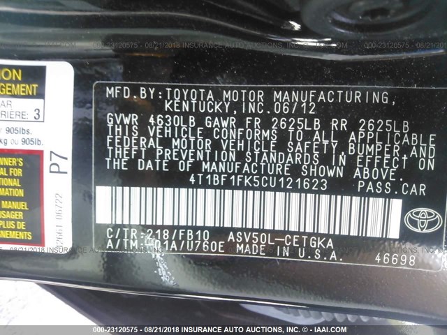 4T1BF1FK5CU121623 - 2012 TOYOTA CAMRY SE/LE/XLE შავი ფოტო 9