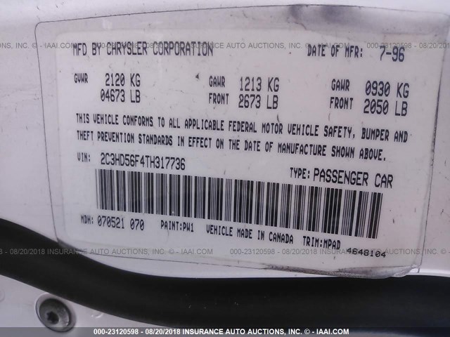 2C3HD56F4TH317736 - 1996 CHRYSLER CONCORDE LX/LXI WHITE photo 9