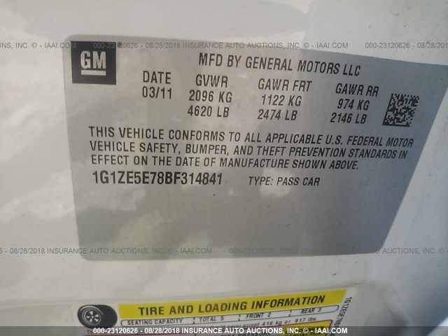 1G1ZE5E78BF314841 - 2011 CHEVROLET MALIBU LTZ 白色 照片 9