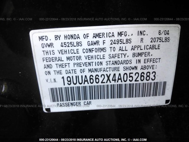 19UUA662X4A052683 - 2004 ACURA TL BLACK photo 9