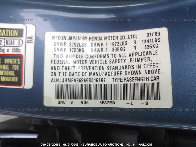 JHMFA36269S016897 - 2009 HONDA CIVIC HYBRID BLUE photo 9