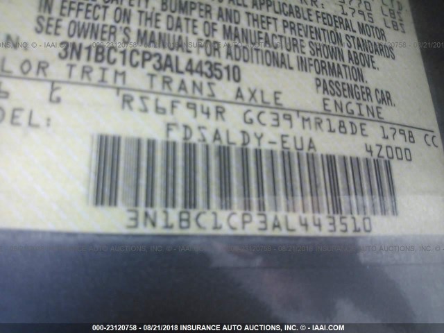 3N1BC1CP3AL443510 - 2010 NISSAN VERSA S/SL GRAY photo 9