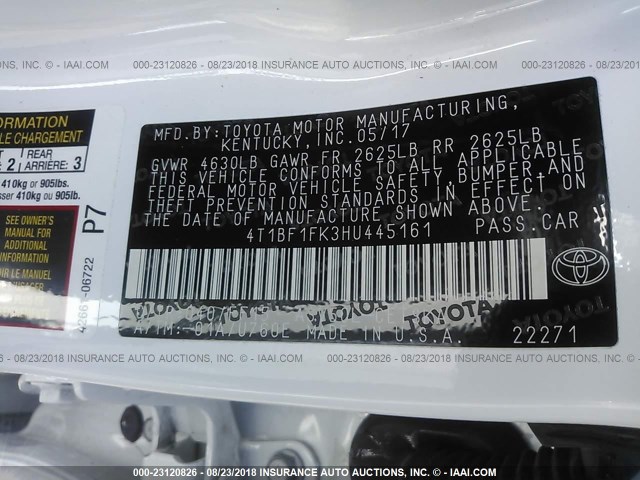 4T1BF1FK3HU445161 - 2017 TOYOTA CAMRY LE/XLE/SE/XSE 白色 照片 9