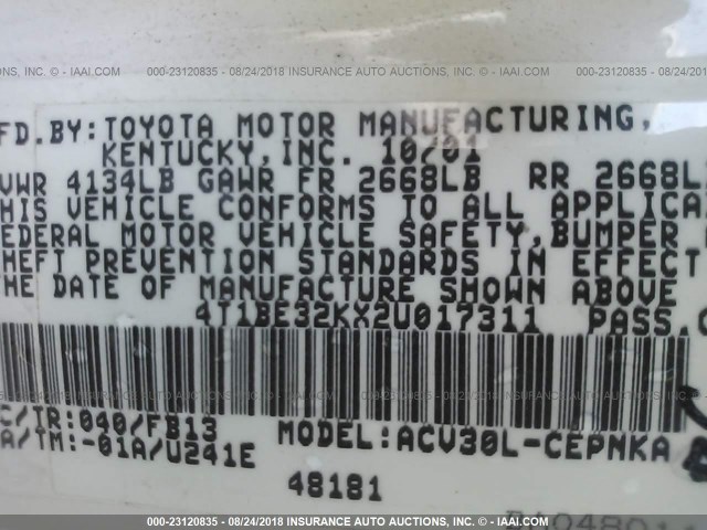 4T1BE32KX2U017311 - 2002 TOYOTA CAMRY LE/XLE/SE Ağ foto 9