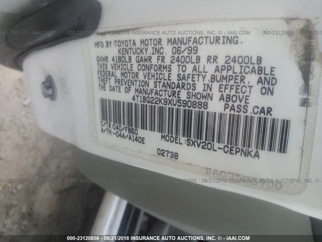 4T1BG22K9XU590888 - 1999 TOYOTA CAMRY CE/LE/XLE 白色 照片 9