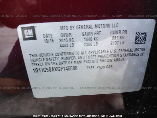 1G11C5SAXGF146808 - 2016 CHEVROLET MALIBU LIMITED LT BURGUNDY photo 9