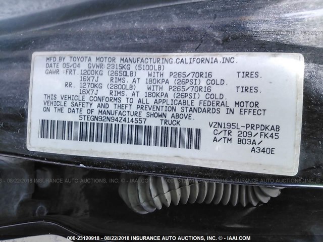 5TEGN92N94Z414557 - 2004 TOYOTA TACOMA DOUBLE CAB PRERUNNER BLACK photo 9