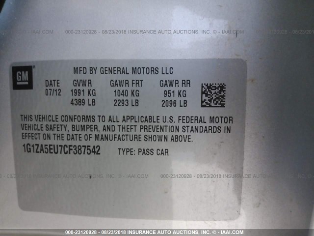 1G1ZA5EU7CF387542 - 2012 CHEVROLET MALIBU LS ვერცხლისფერი ფოტო 9