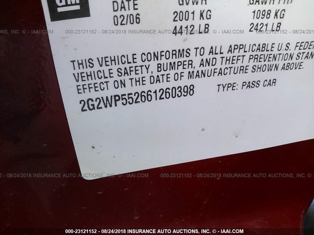 2G2WP552661260398 - 2006 PONTIAC GRAND PRIX RED photo 9