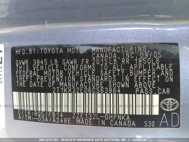 2T1KR32E06C563864 - 2006 TOYOTA COROLLA MATRIX XR BLUE photo 9
