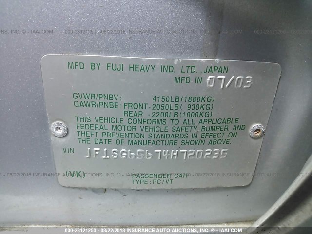 JF1SG65674H720235 - 2004 SUBARU FORESTER 2.5XS 银色 照片 9