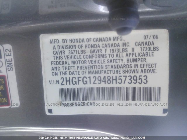 2HGFG12948H573953 - 2008 HONDA CIVIC EXL 灰色 照片 9