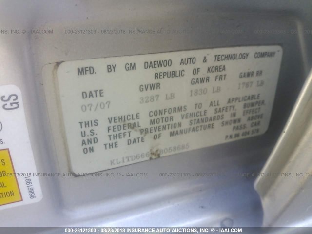 KL1TD66668B058685 - 2008 CHEVROLET AVEO LS SILVER photo 9