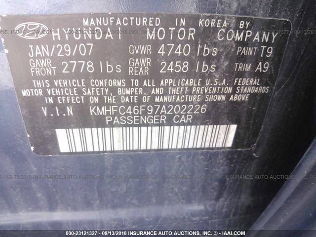 KMHFC46F97A202226 - 2007 HYUNDAI AZERA BLUE photo 9