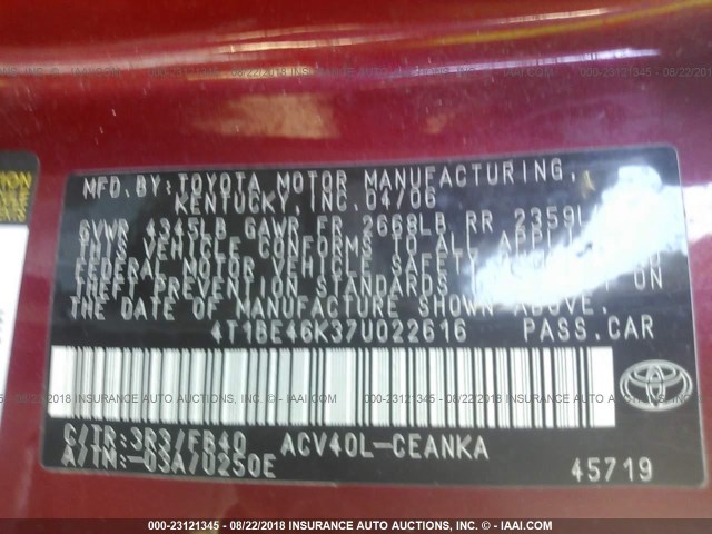4T1BE46K37U022616 - 2007 TOYOTA CAMRY NEW GENERAT CE/LE/XLE/SE RED photo 9