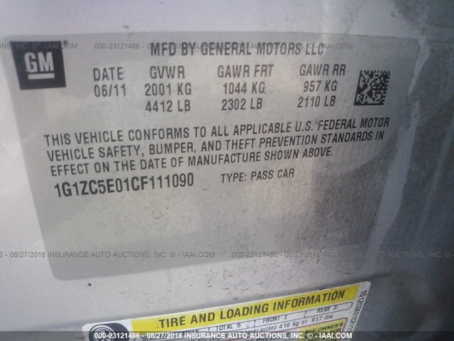 1G1ZC5E01CF111090 - 2012 CHEVROLET MALIBU 1LT 银色 照片 9