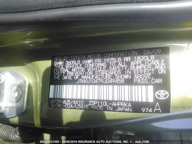 JTKKU10479J049458 - 2009 TOYOTA SCION XD GREEN photo 9