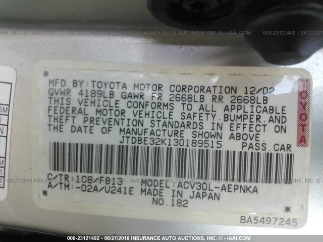 JTDBE32K130189515 - 2003 TOYOTA CAMRY LE/XLE 银色 照片 9