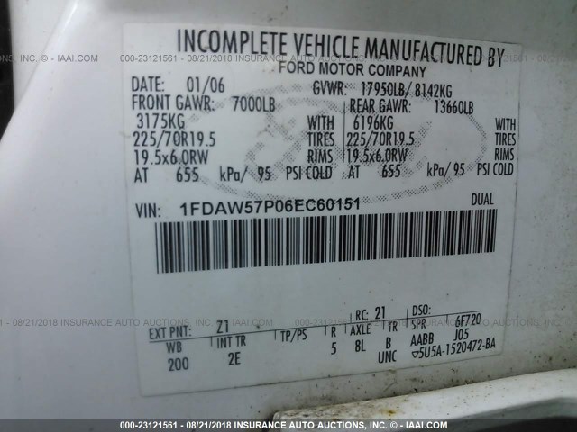 1FDAW57P06EC60151 - 2006 FORD F550 SUPER DUTY WHITE photo 10