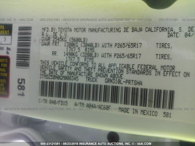 3TMDZ5BN0GM008345 - 2016 TOYOTA TACOMA DBL CAB/SR5/TRD SPORT/OR WHITE photo 9